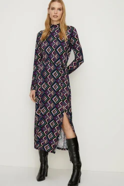 Clearance Oasis Jersey Geo Funnel Neck Belted Midi Dress Multi