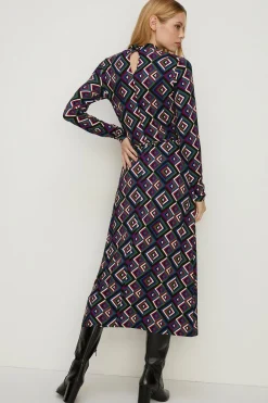 Clearance Oasis Jersey Geo Funnel Neck Belted Midi Dress Multi