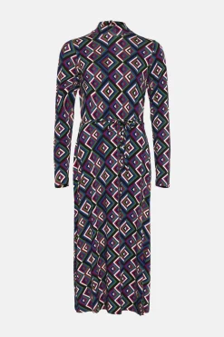 Clearance Oasis Jersey Geo Funnel Neck Belted Midi Dress Multi