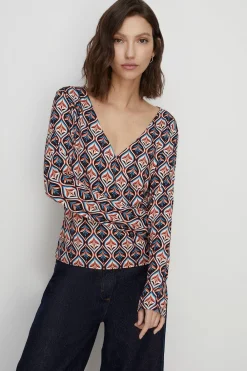 Hot Oasis Jersey Geo Wrap Long Sleeve Top Black
