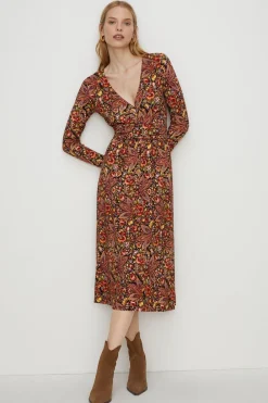 Online Oasis Jersey Paisley Fixed Wrap Midi Dress Red