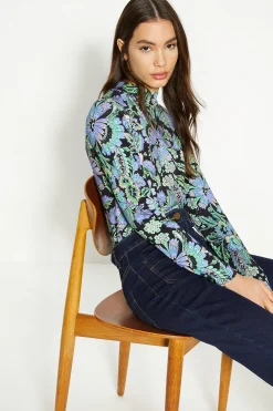 Best Oasis Jersey Paisley Funnel Neck Long Sleeve Top Multi
