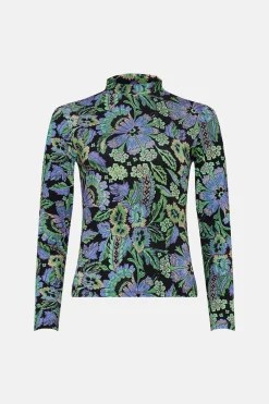 Best Oasis Jersey Paisley Funnel Neck Long Sleeve Top Multi