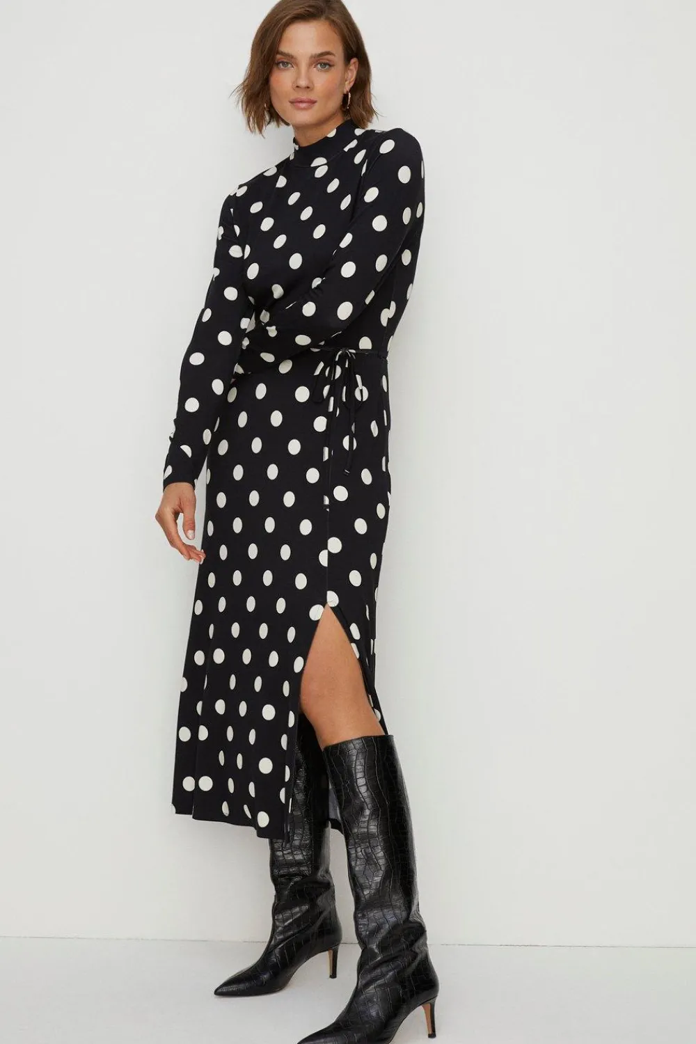 Best Oasis Jersey Spot Funnel Neck Belted Midi Dress Black