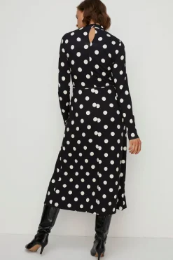 Best Oasis Jersey Spot Funnel Neck Belted Midi Dress Black