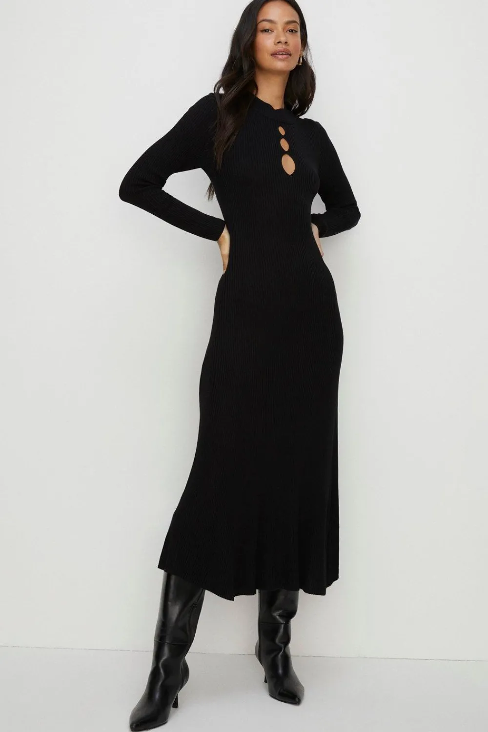 Clearance Oasis Keyhole Cut Out Ribbed Knit Maxi Dress Rust