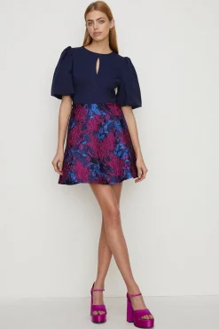 Best Oasis Keyhole Detail Puff Sleeve Jacquard Dress Blue