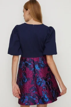 Best Oasis Keyhole Detail Puff Sleeve Jacquard Dress Blue
