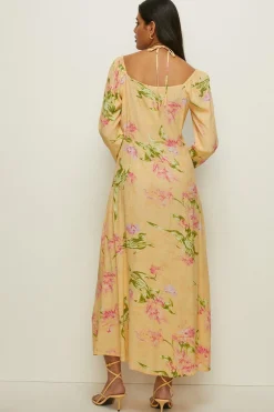 New Oasis Keyhole Tie Detail Floral Printed Midi Dress Amber