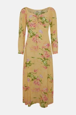 New Oasis Keyhole Tie Detail Floral Printed Midi Dress Amber