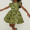 Outlet Oasis Kids Floral Jacquard Ruffle Detail Mini Dress Green