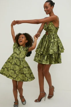 Outlet Oasis Kids Floral Jacquard Ruffle Detail Mini Dress Green