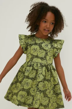 Outlet Oasis Kids Floral Jacquard Ruffle Detail Mini Dress Green