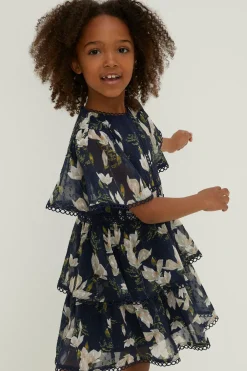 Discount Oasis Kids Magnolia Floral Angel Sleeve Lace Dobby Dress Navy