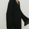 Clearance Oasis Knitted Tie Back Fringe Sleeve Mini Dress Black