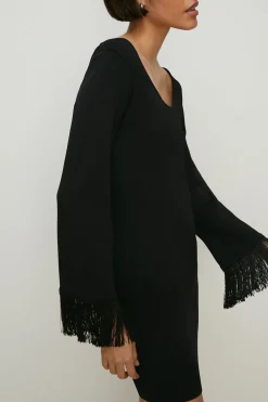 Clearance Oasis Knitted Tie Back Fringe Sleeve Mini Dress Black