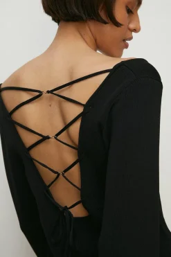 Clearance Oasis Knitted Tie Back Fringe Sleeve Mini Dress Black