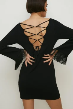 Clearance Oasis Knitted Tie Back Fringe Sleeve Mini Dress Black