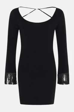 Clearance Oasis Knitted Tie Back Fringe Sleeve Mini Dress Black