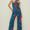 Discount Oasis Knot Detail Bright Floral Scuba Jumpsuit Blue