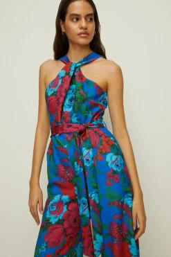 Discount Oasis Knot Detail Bright Floral Scuba Jumpsuit Blue