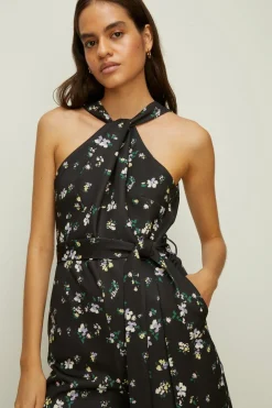 Sale Oasis Knot Detail Ditsy Print Scuba Jumpsuit Black