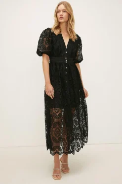 New Oasis Lace Button Through Midaxi Dress Black