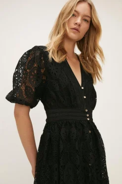 New Oasis Lace Button Through Midaxi Dress Black