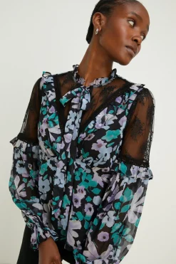 Online Oasis Lace Detailed Floral Ruffle Tie Neck Blouse Lilac