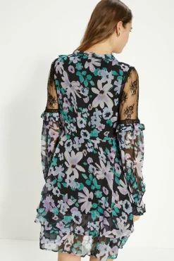 Best Oasis Lace Detailed Floral Ruffle Tie Neck Skater Dress Lilac