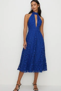 Best Oasis Lace Halter Neck Plunge Midi Dress Dark Green