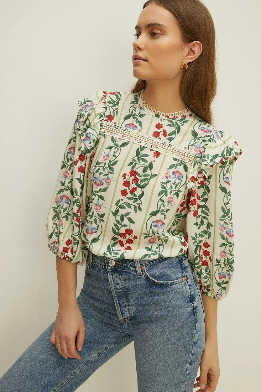 Discount Oasis Lace Insert 3/4 Sleeve Printed Woven Top White