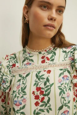 Discount Oasis Lace Insert 3/4 Sleeve Printed Woven Top White
