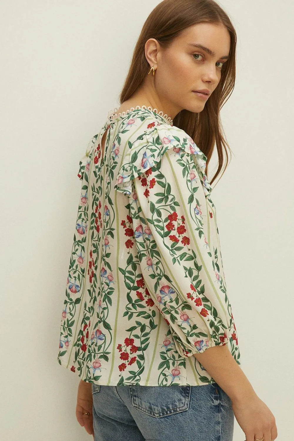 Discount Oasis Lace Insert 3/4 Sleeve Printed Woven Top White