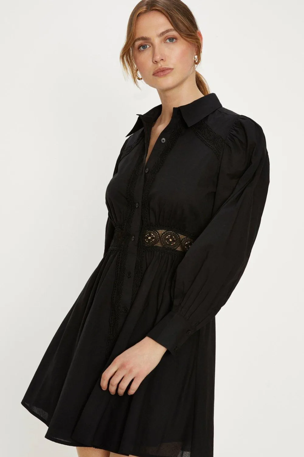 Online Oasis Lace Insert Cotton Shirt Dress Black