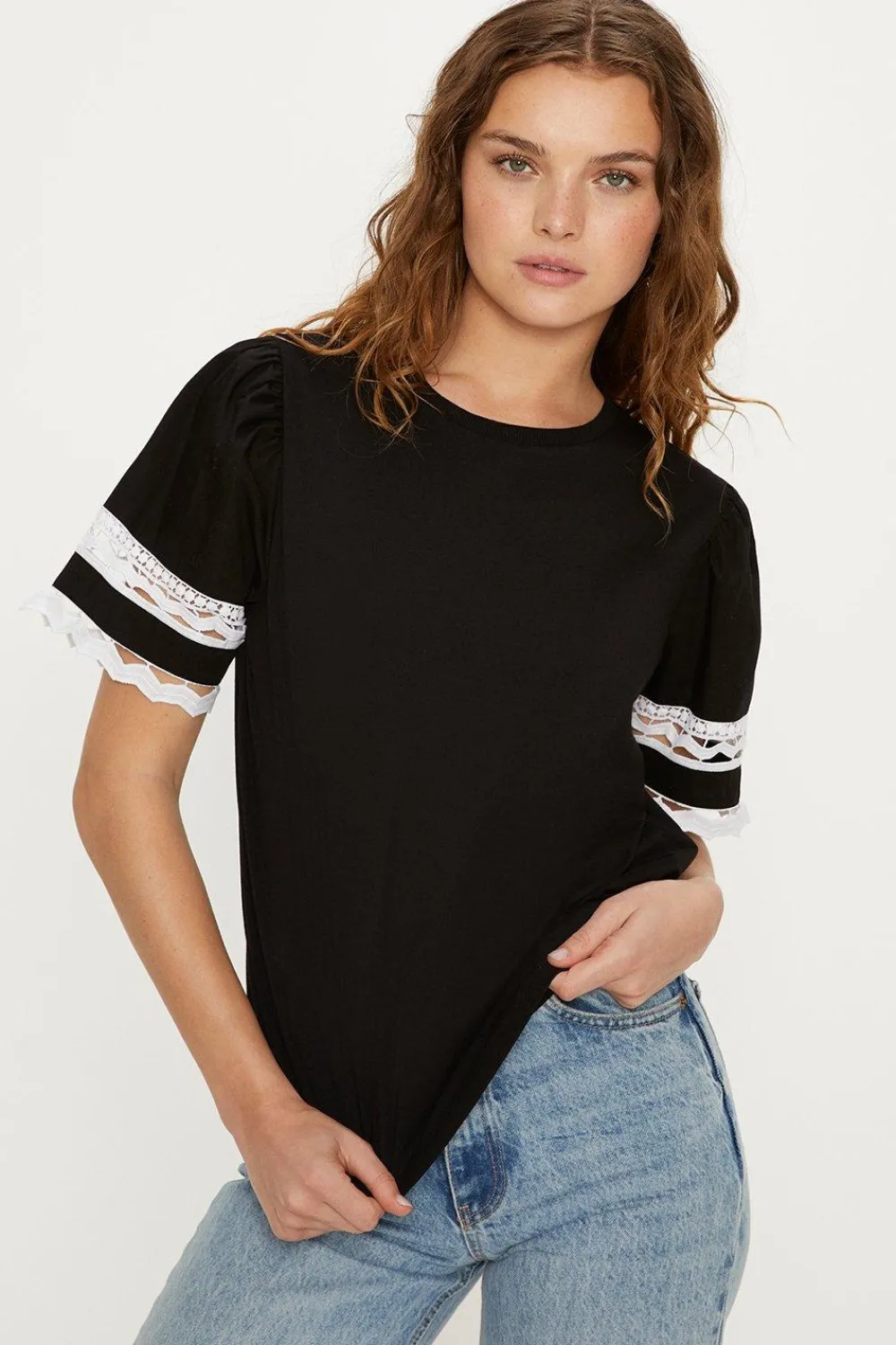 Sale Oasis Lace Insert Poplin Sleeve Top Black