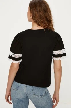 Sale Oasis Lace Insert Poplin Sleeve Top Black