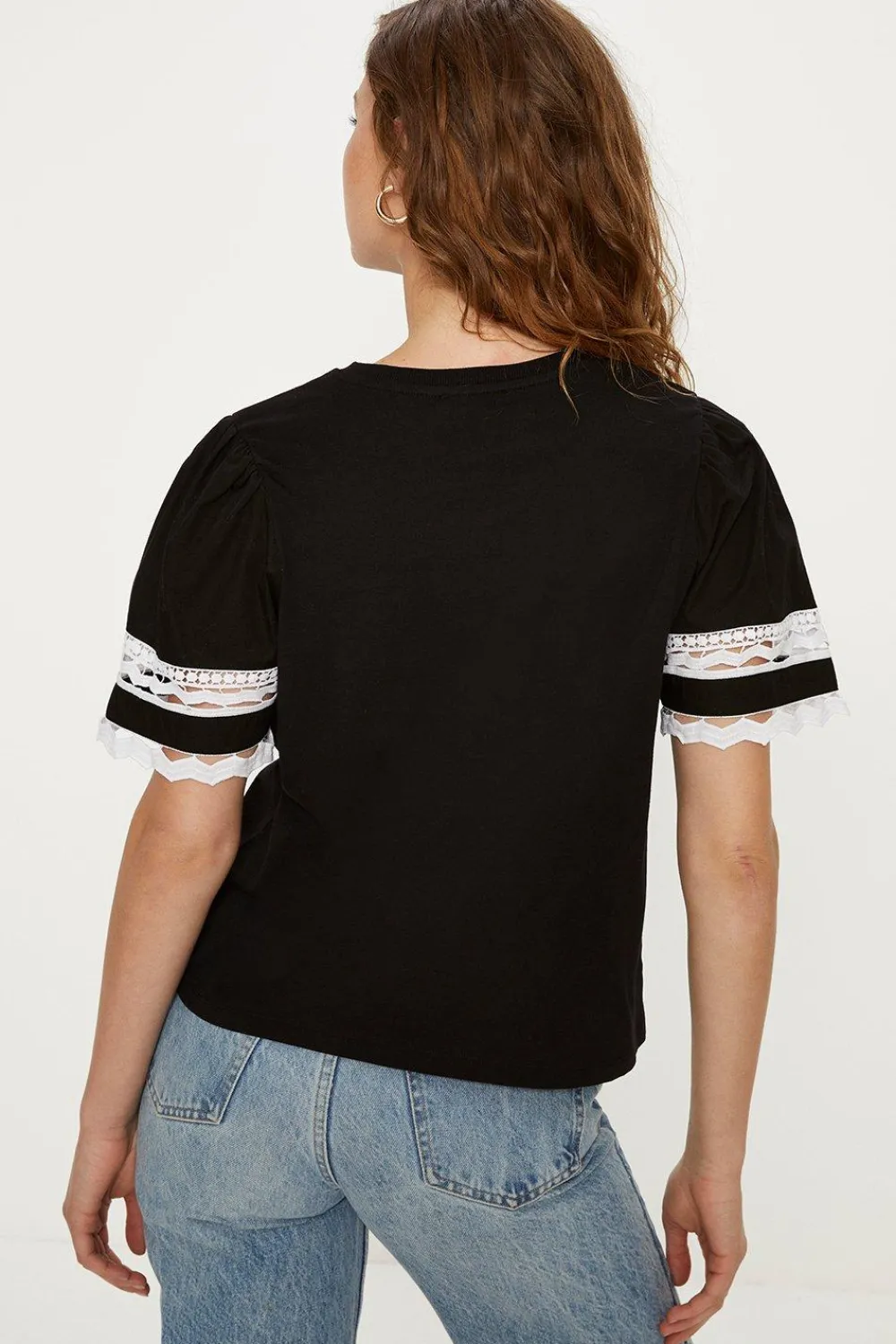 Sale Oasis Lace Insert Poplin Sleeve Top Black