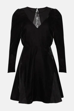 Fashion Oasis Lace Mix Velvet Skater Dress Black