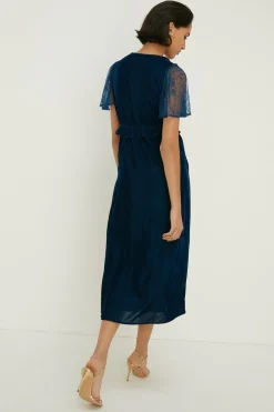 Online Oasis Lace Mix Velvet Wrap Midi Dress Midnight