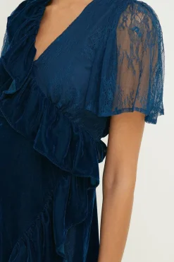 Online Oasis Lace Mix Velvet Wrap Midi Dress Midnight