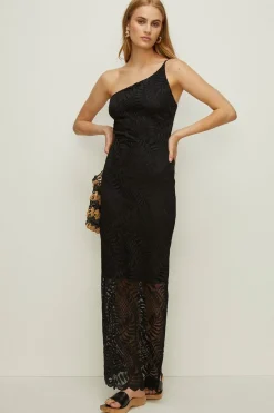 Clearance Oasis Lace One Shoulder Cut-Out Back Midi Dress Black