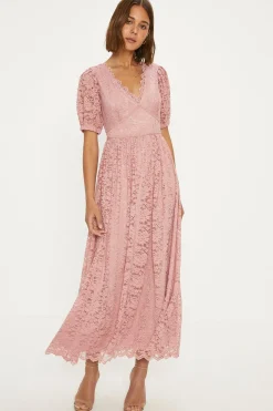 New Oasis Lace Puff Sleeve V Neck Midaxi Dress Green
