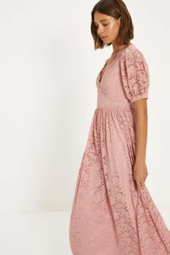 New Oasis Lace Puff Sleeve V Neck Midaxi Dress Green