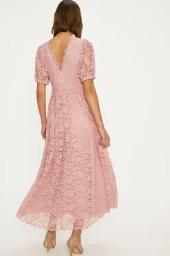 New Oasis Lace Puff Sleeve V Neck Midaxi Dress Green