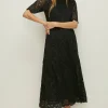 Outlet Oasis Lace Scalloped Hem Tiered Midi Dress Black