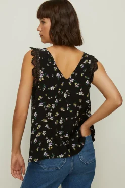 Fashion Oasis Lace Trim Ditsy Vest Black