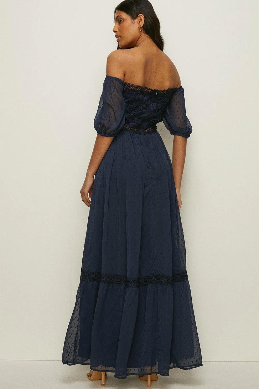 Outlet Oasis Lace Trim Dobby Bardot Maxi Dress Navy