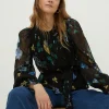 Online Oasis Lace Trim Dobby Chiffon Eastern Floral Long Sleeve Blouse Black