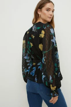 Online Oasis Lace Trim Dobby Chiffon Eastern Floral Long Sleeve Blouse Black